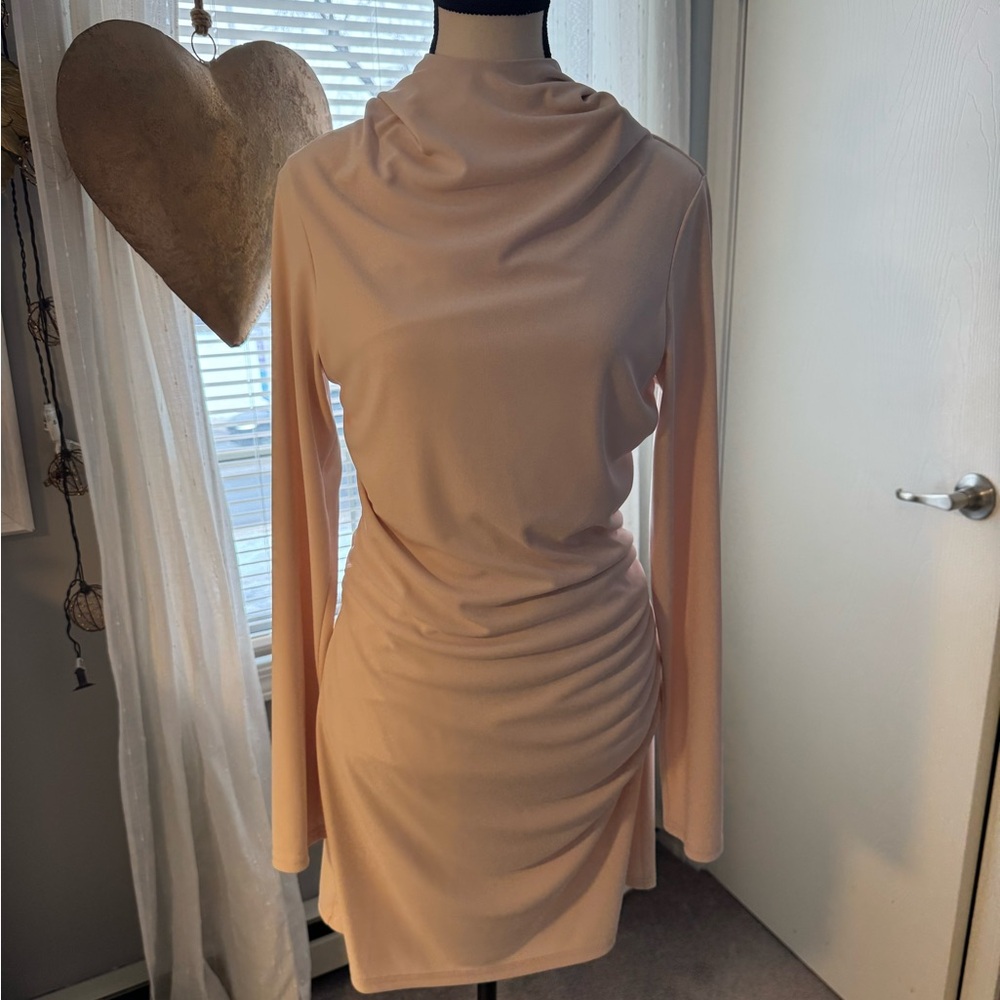 Tan Asymmetrical Ruched Long Sleeve Cowl Neck Sheath Dress